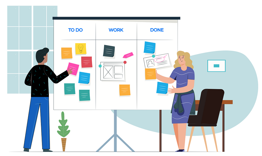 Illustration of a Kanban board and people moving sticky notes