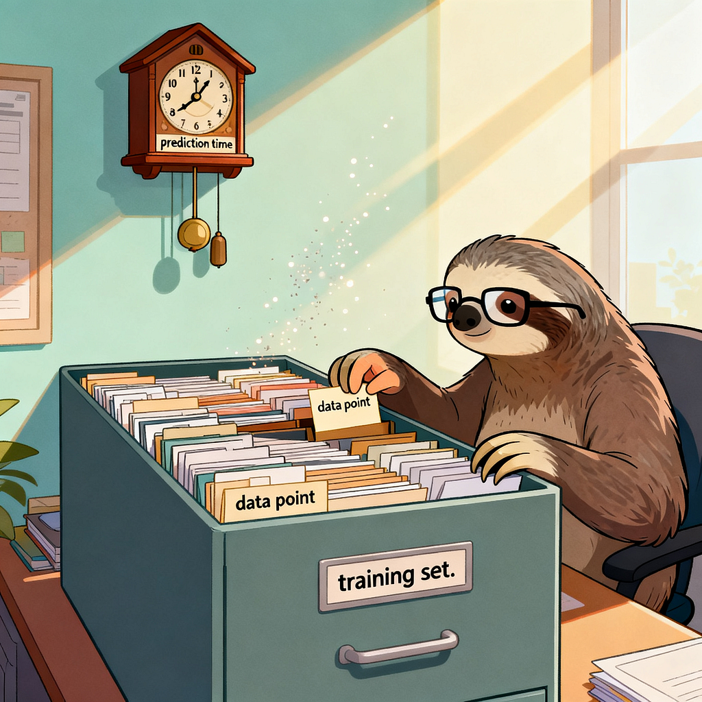 Cartoon sloth reading a single index card while filing it slowly into a labeled cabinet representing KNN training