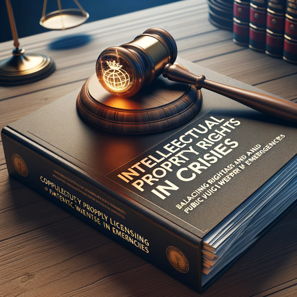 AI generated image representing: A square image featuring a courtroom scene with a prominent gavel and a stack of legal documents in the foreground. The title ‘Intellectual Property Rights in Crises’ is displayed at the top, with additional text ‘Balancing Rights and Public Welfare in Emergencies’ beneath it. The image conveys a sense of urgency and the importance of legal considerations in crisis situations, particularly regarding compulsory licensing of patents.