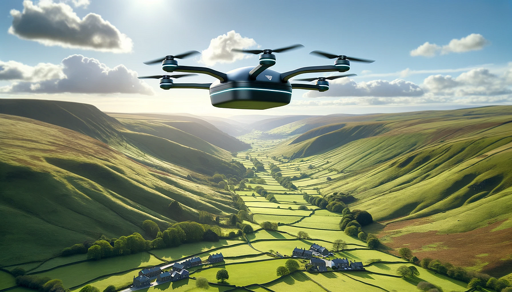 A futuristic delivery drone flying over picturesque Welsh hills.
