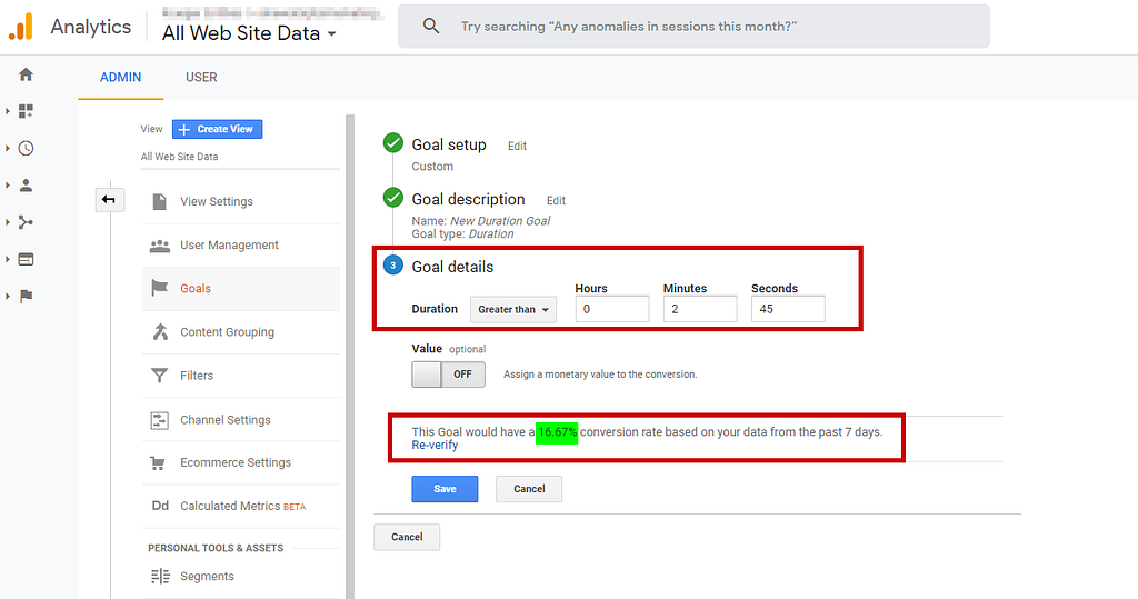 Google Analytics Goals: Session duration based goals