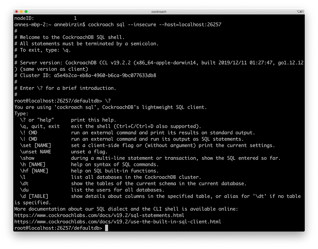 CockroachDB SQL Shell in the CLI
