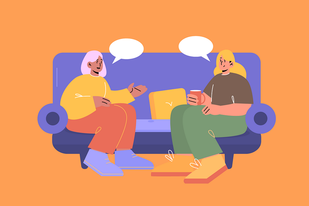 a design of two people sitting down on a sofa for discussions