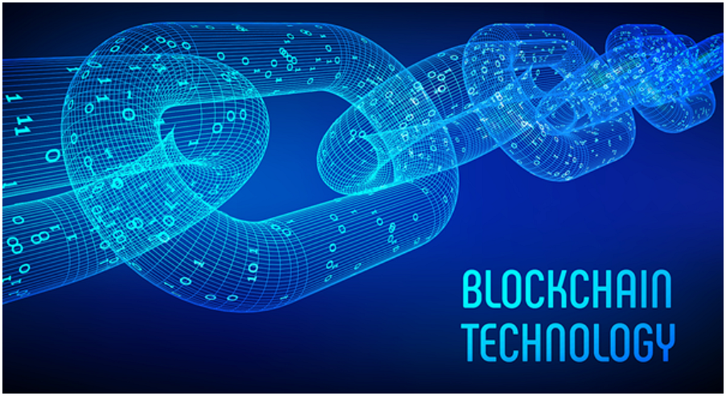Blue chains linked together, to represent the structure of a blockchain .The word blockchain technology in the on the right hand bottom corner.