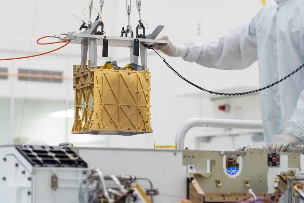 The Mars Oxygen In-Situ Resource Utilization Experiment (MOXIE) instrument converts carbon dioxide into oxygen.