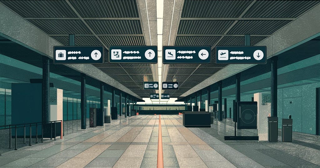 Image of an airport with signs in an unfamiliar language, followed by icons for luggage, passport service, and departure.