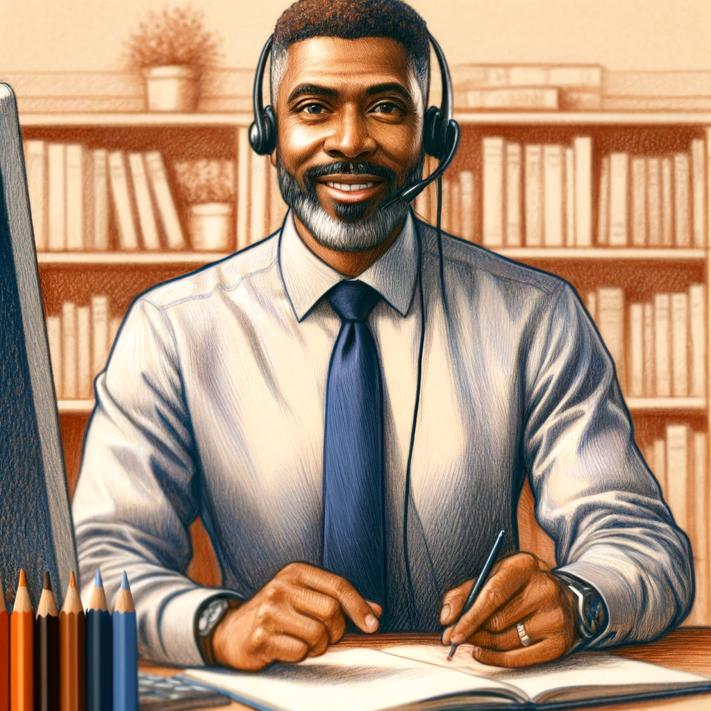 Black, male professor communicating online. (DALL-E,2024)
