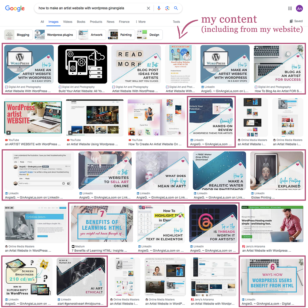 While Google’s Text Search doesn’t list any of my pages when I’m looking to make an artist website with WordPress, you find even more of my articles in the Image Search — both from my own website as well as from LinkedIn and Medium. Weird.
