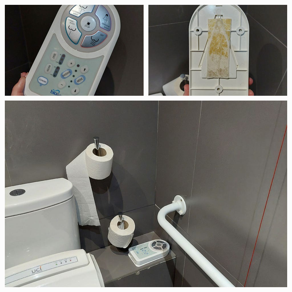 A collage of three pictures. The bottom half shows the wash and dry toilet controls placed on a shelf behind the toilet, where the user would have to reach behind them to get the unit. Just above the shelf is the toilet paper, again requiring them to twist or reach behind. Top left is the control unit held in Claire’s hand, with buttons to wash, dry and adjust things like position and temperature. Top right shows the sticky strip on the back of the unit, implying it should be stuck to the wall.