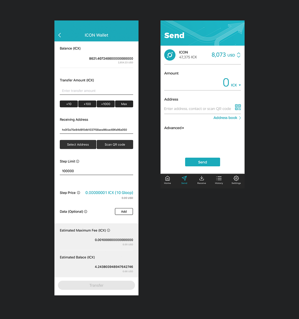 The current ICONex send page next to our redesigned version.