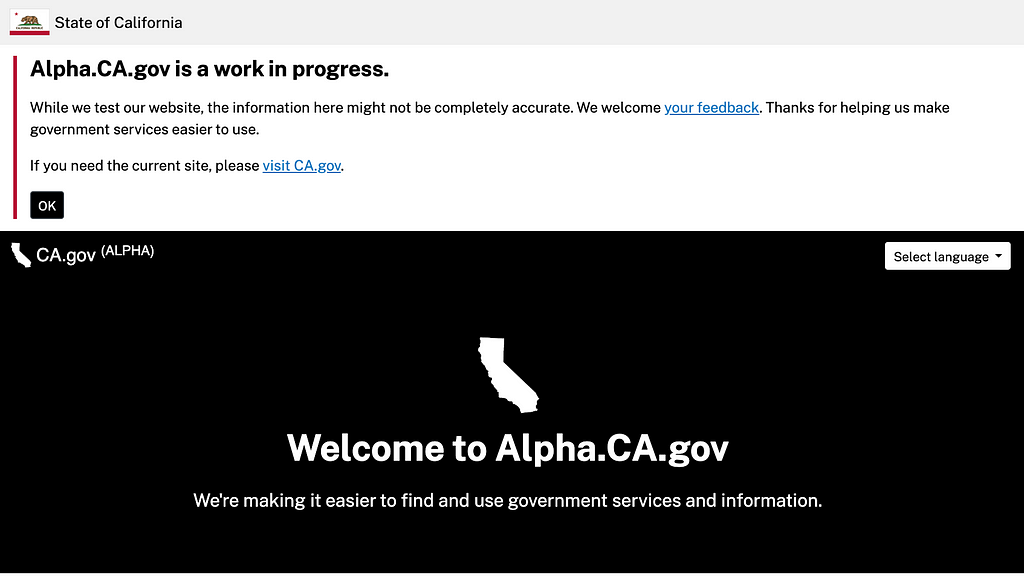 A screenshot of the Alpha.CA.gov homepage banner.