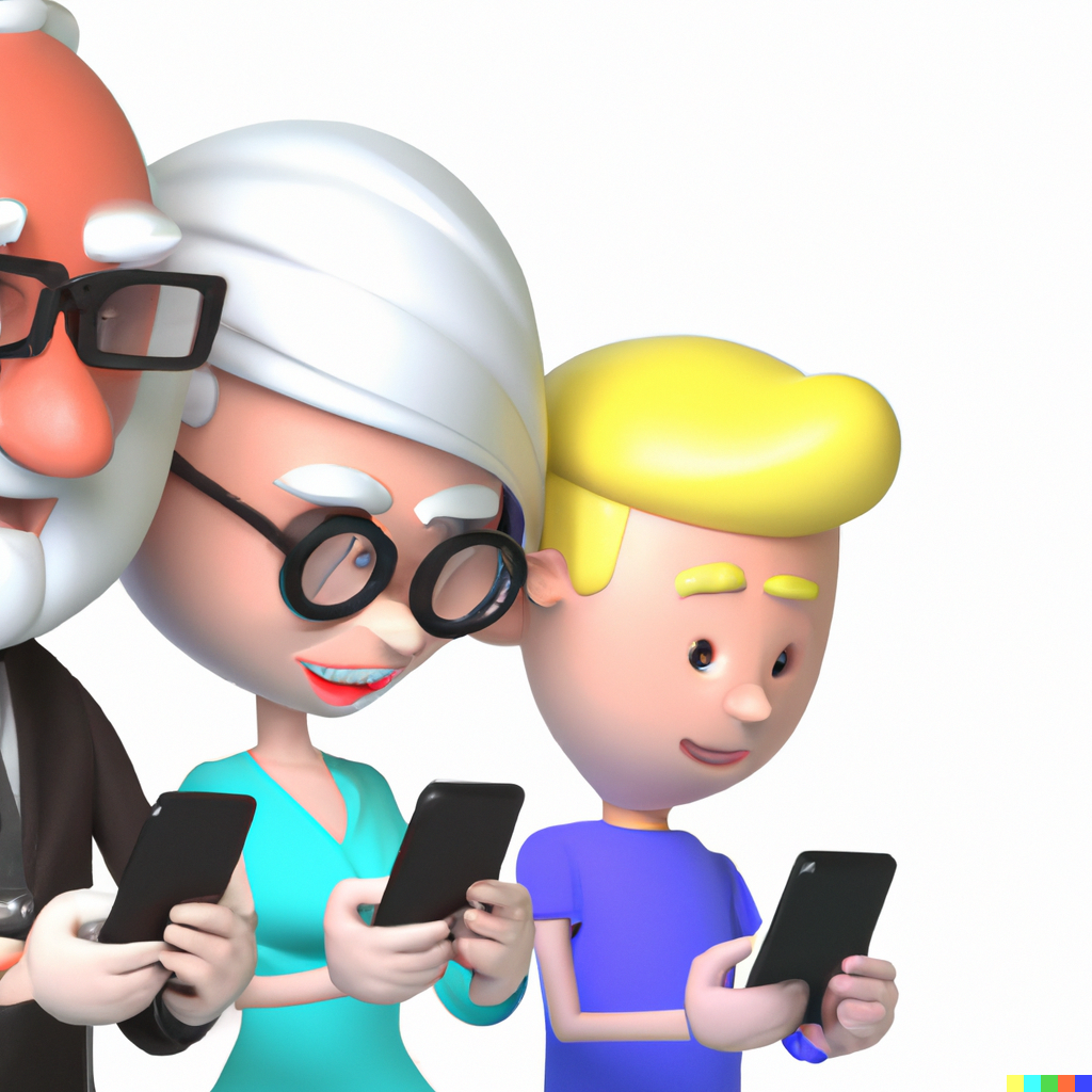 Three generations of people on their phones, 3d render, created with DALL·E 2