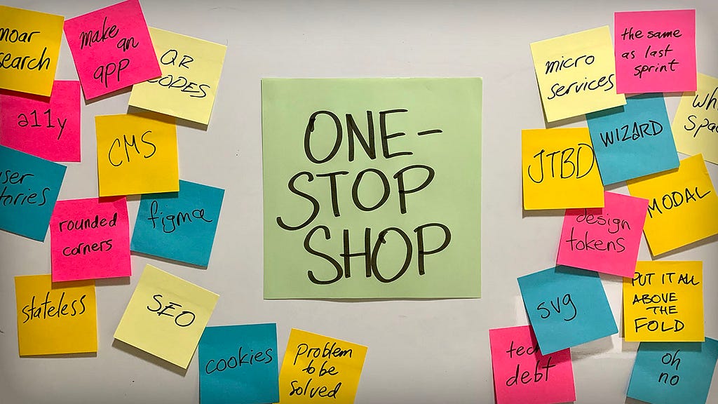 One big sticky note on a board saying ONE-STOP SHOP, surrounded by lots of smaller sticky notes