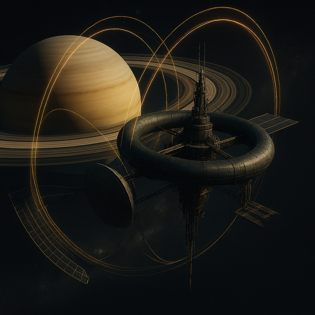Space station orbiting Saturn. Space station orbiting Saturn.