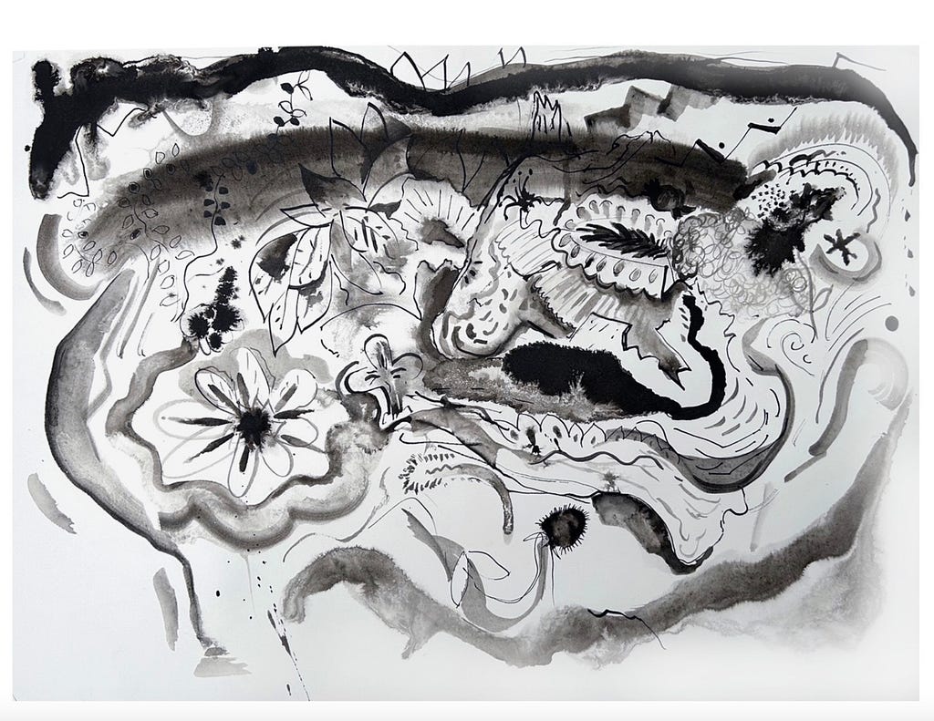 Black and white drawing of a garden-like environment, with flowers and various leaves, entitled “Anthrosol IV,” by Milwaukee artist Richard Knight. (Used by permission.)