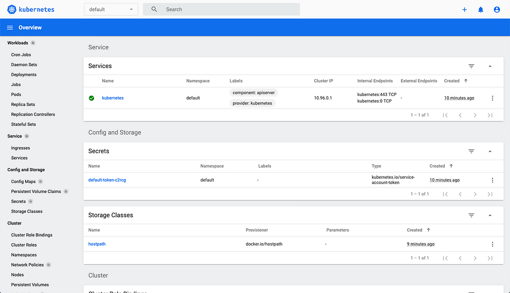 Kube Dashboard showing Services etc