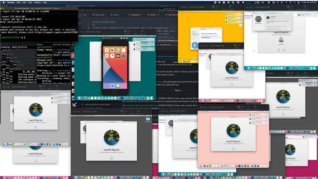 A screenshot of a macOS desktop with many open VNC sessions to remote Mac machines.