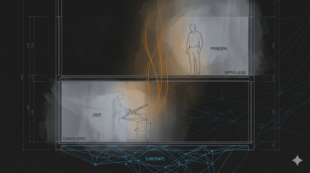 Two-level sectional drawing in watercolor-and-line style. Lower level, labeled USER, shows two translucent dashed figures bent over an architectural drafting table — the user as a historical operating role. Upper level, labeled PRINCIPAL, shows a single solid standing figure, observing, not operating. Amber light-traces rise between the two levels. Beneath both, a cyan network grid labeled SUBSTRATE.