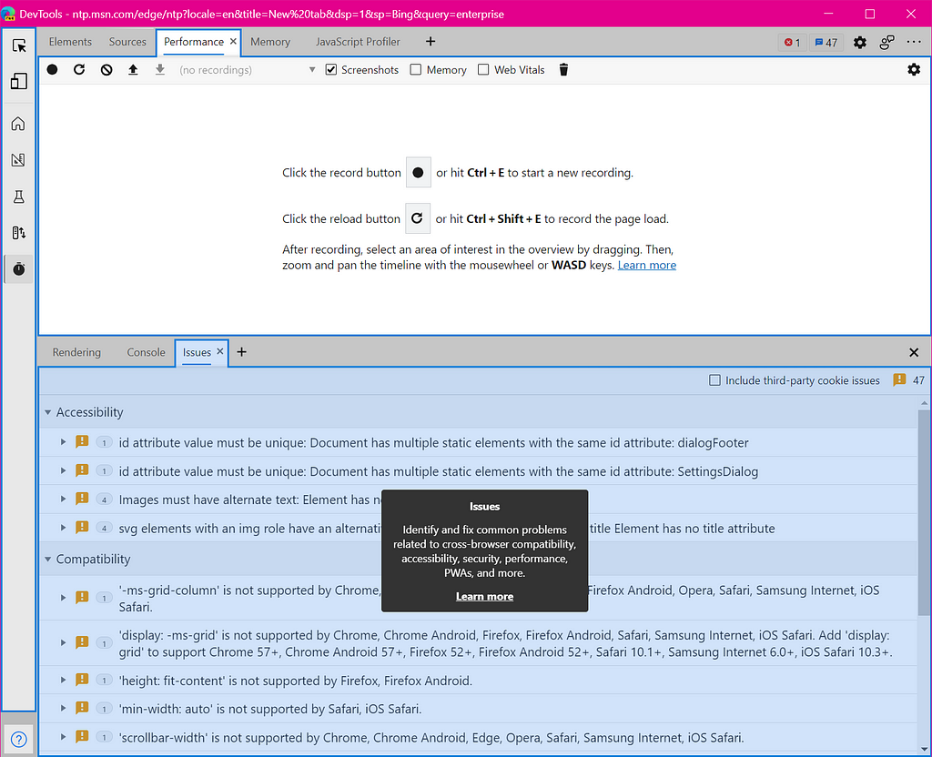 Screenshot of DevTools, showing the new Focus Mode activity bar on the left, the perf tool at the top and the issues panel at the bottom, all 3 areas highlighted with the new Tooltips.