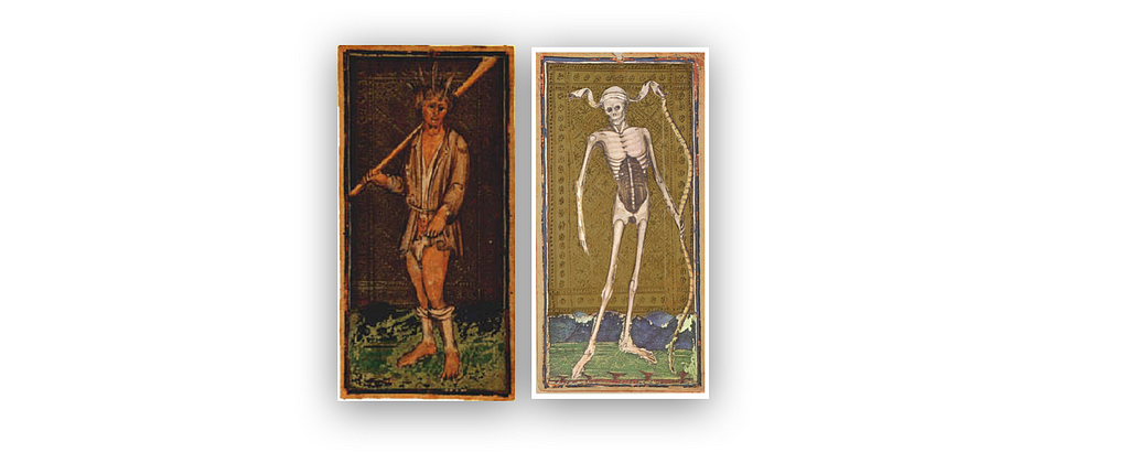Two tarot cards in an old painting style, the left is the fool (a man wearing a crown of thorns in rags holding a stick over his shoulder) and the right is death (a skeleton standing in a field of grass with mountains in the background).