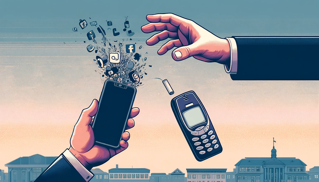 An illustrative scene depicting the contrast between modern and vintage mobile phones for an article on the trend of switching from smartphones to simpler devices. On the left, a hand is shown discarding a sleek, modern smartphone, representing digital complexity and distraction. On the right, another hand is picking up a basic, vintage phone, reminiscent of models like the Nokia 5160, symbolizing a return to simplicity and focused communication.