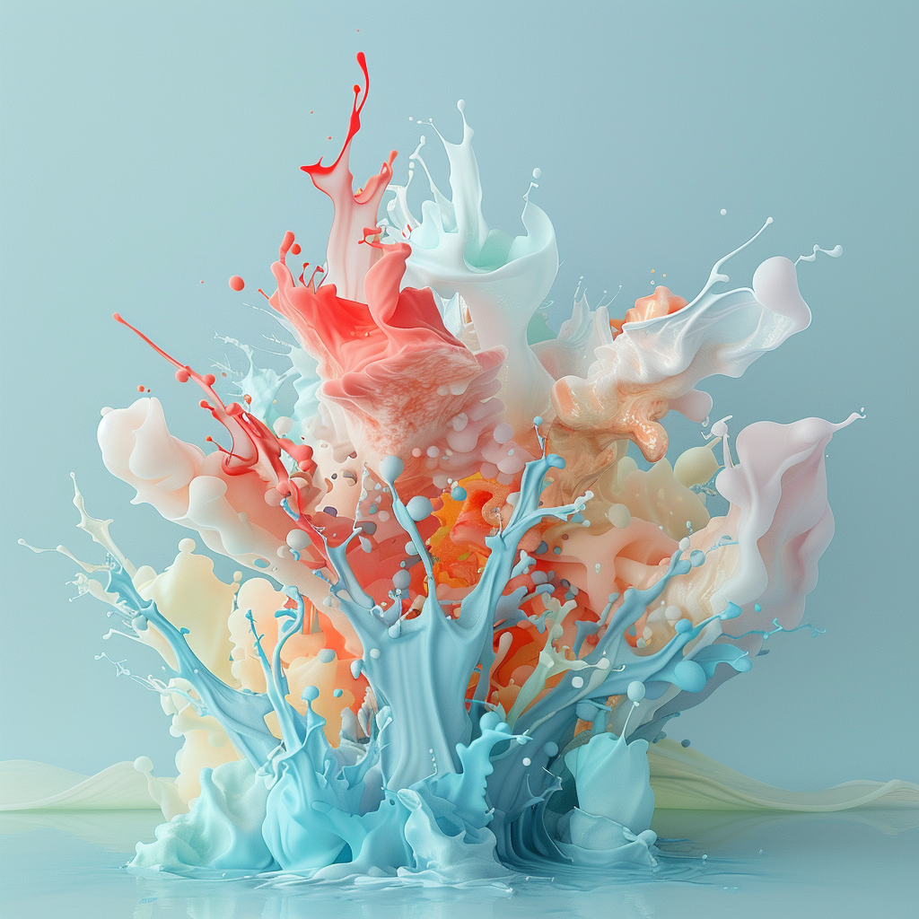 Abstract art, 3d explosion of pastel paint, cyan, coral and amber