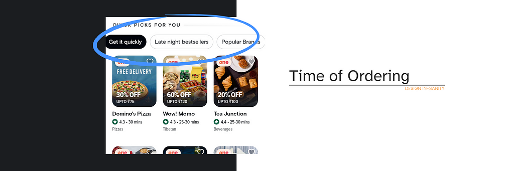 Screenshot from Swiggy’s app showing the food suggestions based on time of ordering.