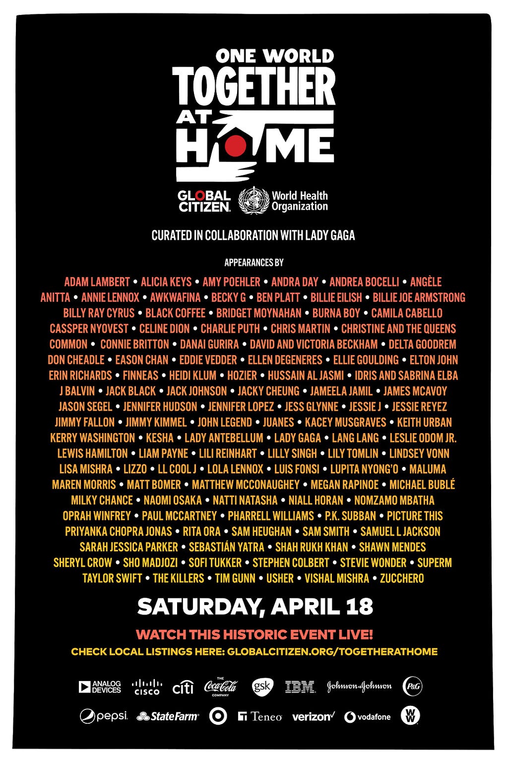 Promotional list of artists participating in One World Together At Home.