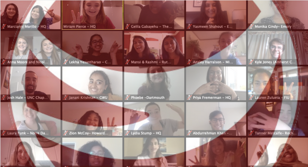 A screenshot of a Zoom video conference, with lots of faces in a grid all posing for a picture, is overlaid with a transparent GlobeMed logo, a maroon circle with two curved white lines on the left joining into one on the right.