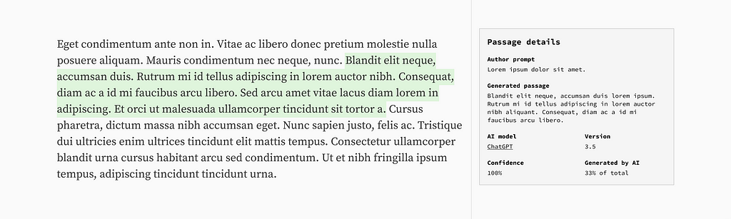 Ejemplo de cómo se podría resaltar con color el texto generado por IA en un artículo, y cómo se podría mostrar información adicional al mismo en una caja aparte.