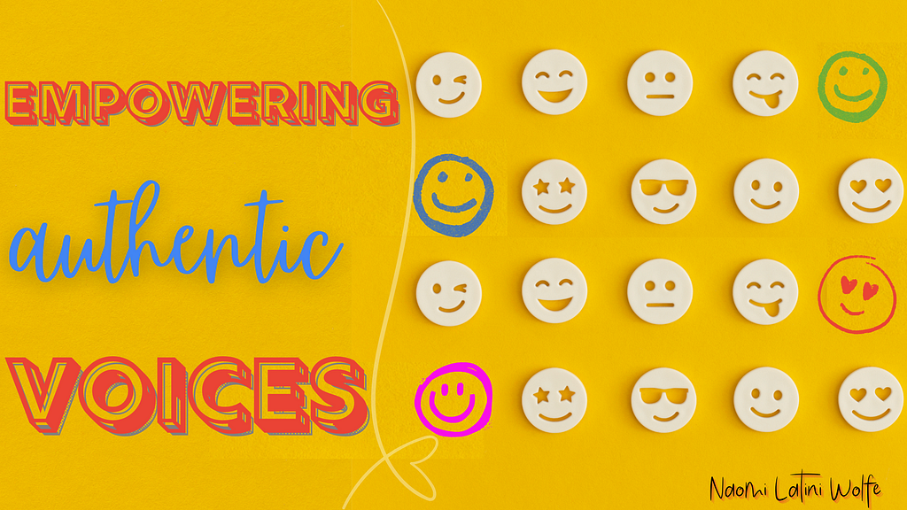 Empowering Authentic Voices” graphic showing text surrounded by diverse smiling face icons in different styles and colors.