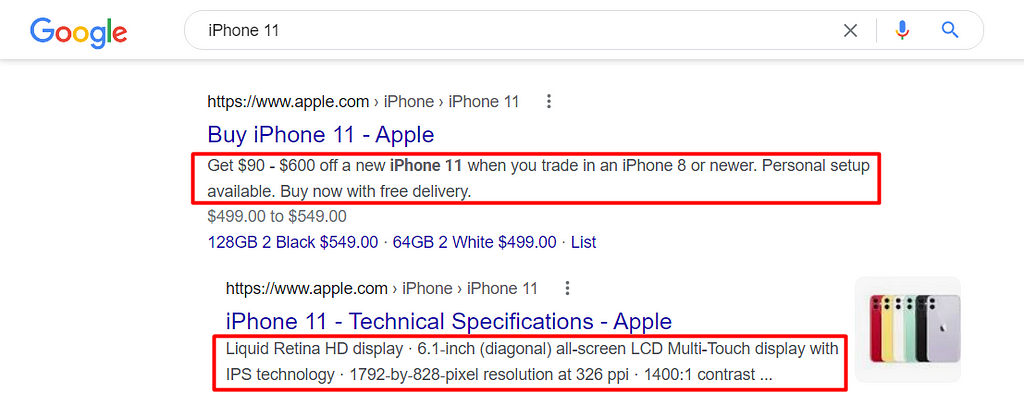 Screenshot of the Example of Meta Description for the search query of iPhone 11 highlighted in red box