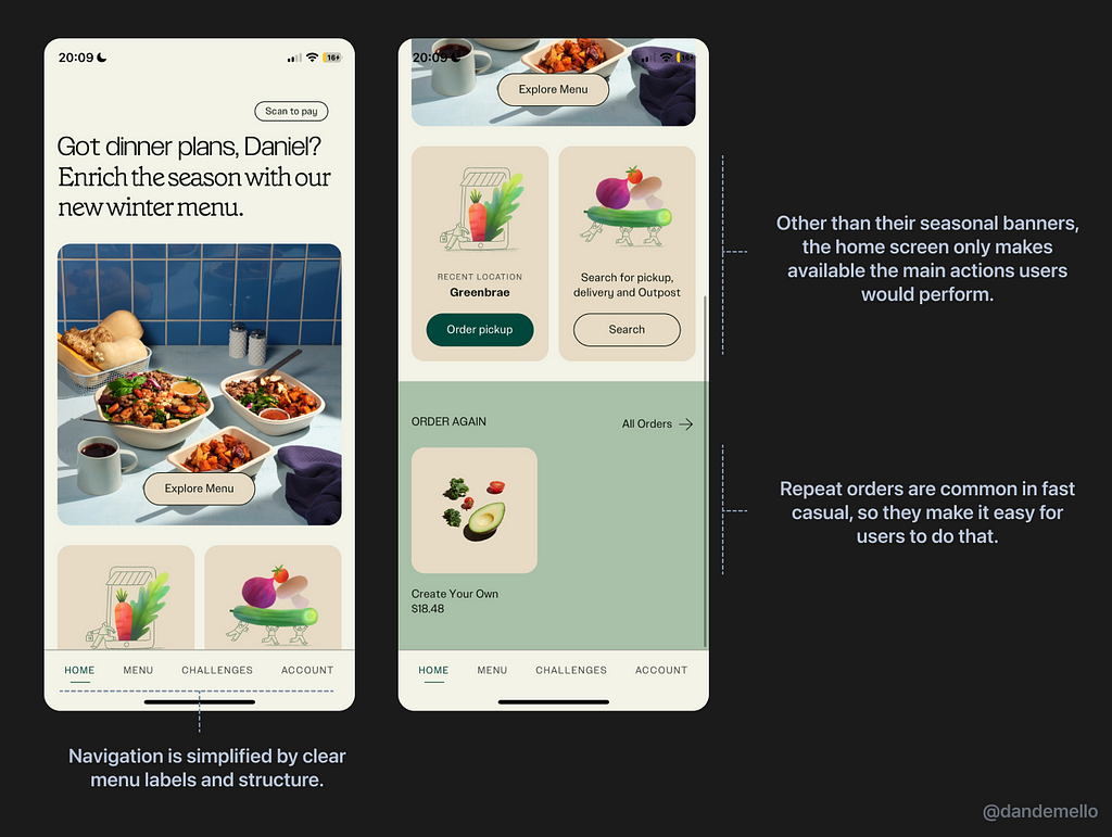 Sweetgreen’s home page with comments highlighting the positive aspects of it mentioned on the article.