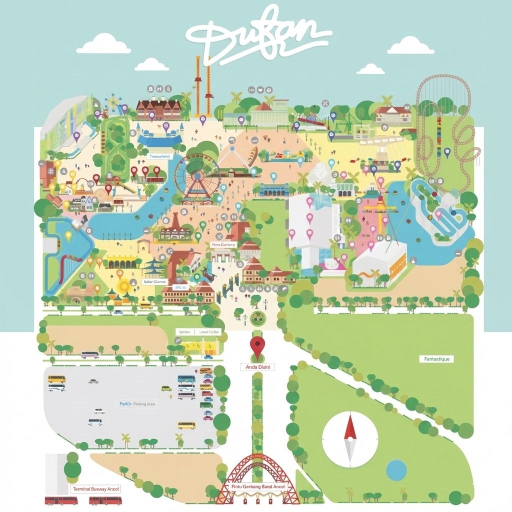 Illustrated map of Dufan theme park showing paths, ride areas, lakes, and color-coded location markers; a red “Anda di sini” pin near the main entrance at the bottom, with parking and the bus terminal on the left and a compass icon on the right.