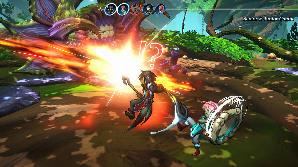 Two characters performing a joint attack against an enemy.