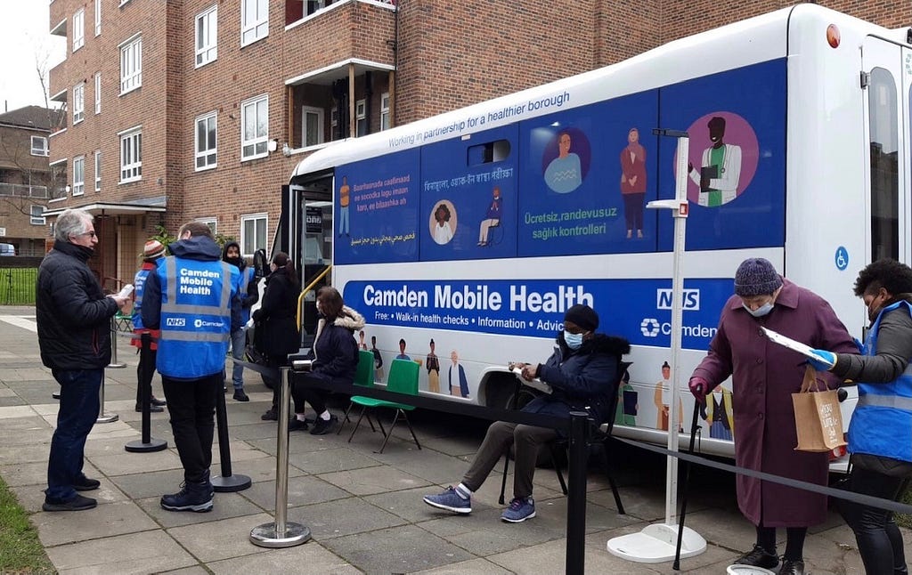 The Camden Health Bus and staff, carrying out health checks on our estates