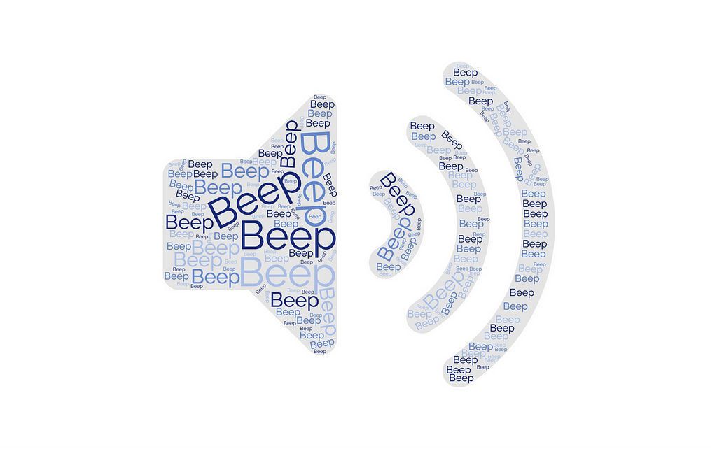 A speaker icon composed of the word Beep over and over and over to illustrate annoying alarms