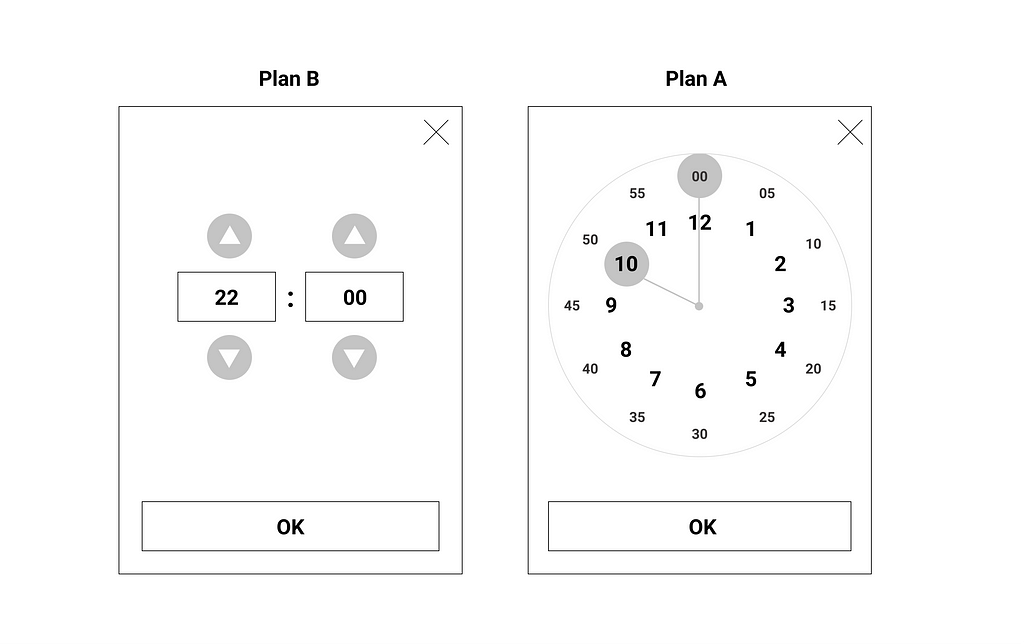 Two wireframe designs, first a simple one with spinner controls to adjust hour and minute, then a complex one with watch hands for hours and minutes.