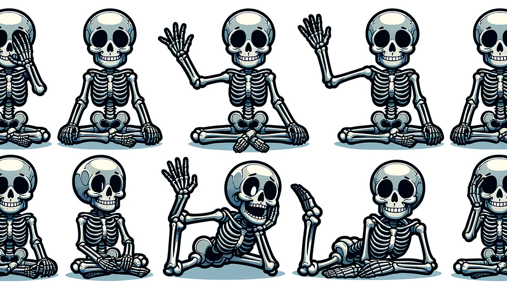 Illustration of a horizontal sticker sheet where a highly detailed skeleton character with identical features is in different poses. The skeleton is seen waving, sitting cross-legged, lying down, and stretching. The intricate bones and structures of the skeleton are clearly visible, while its facial and body features remain consistent across all poses.