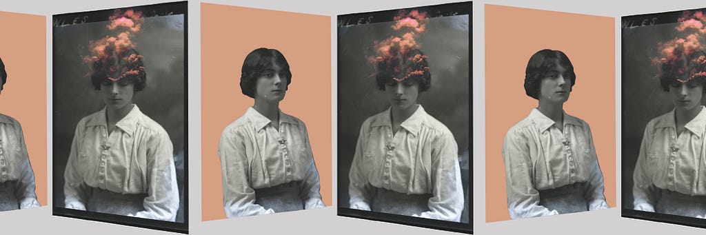 collage di Elisa Lenci Botticella. Foto vintage di una ragazza che si ripete. Alcuni soggetti hanno la testa in fiamme