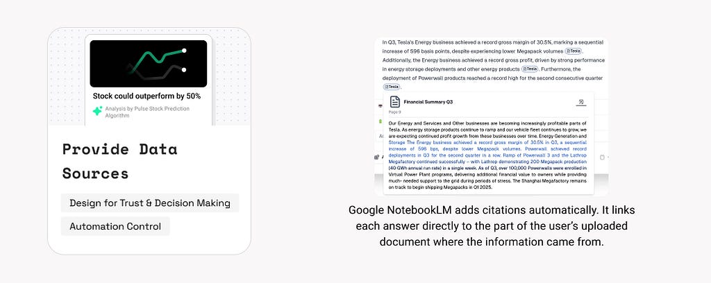 10. Provide Data Sources. Example: Google NotebookLM adds citations automatically. It links each answer directly to the part of the user’s uploaded document where the information came from.