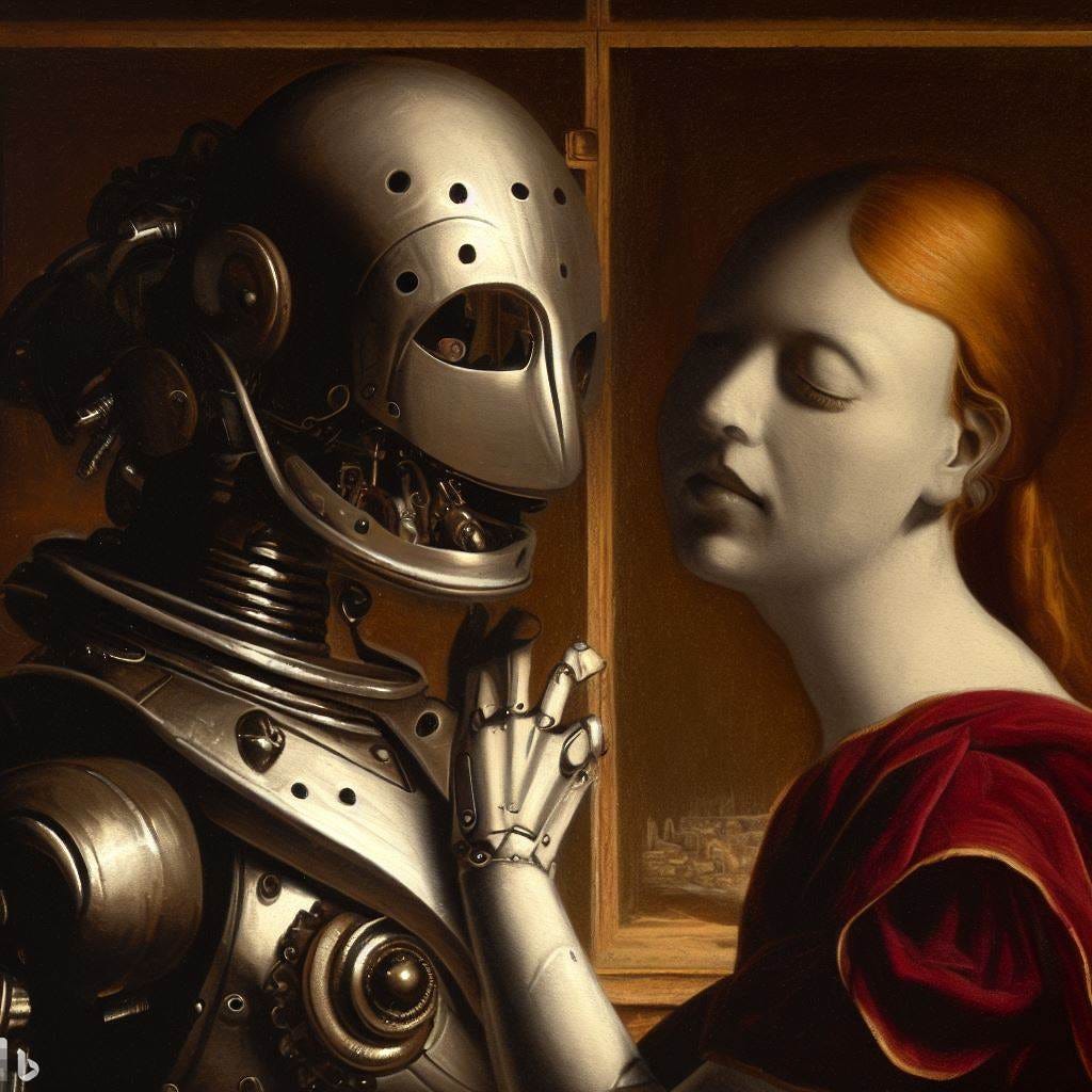 AI generated renascence painting of a human-like robot and a lady.