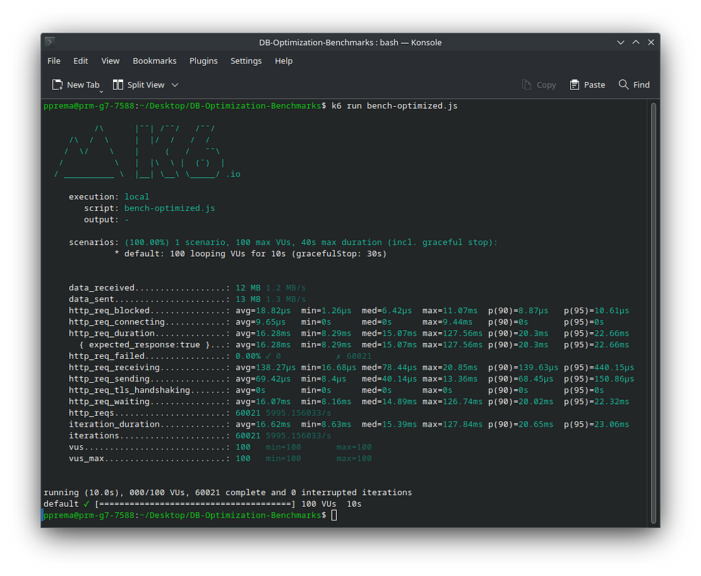 Screenshot of benchmark result of an API that does only one database stored procedure call.