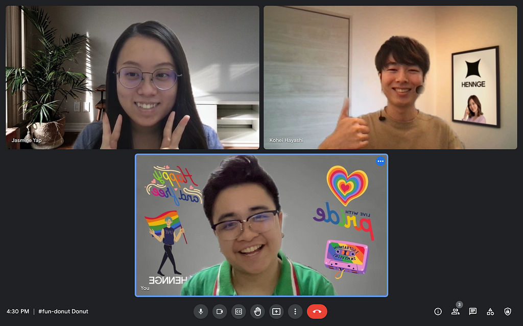 Screenshot of a virtual meeting with 3 participants on Google Meet