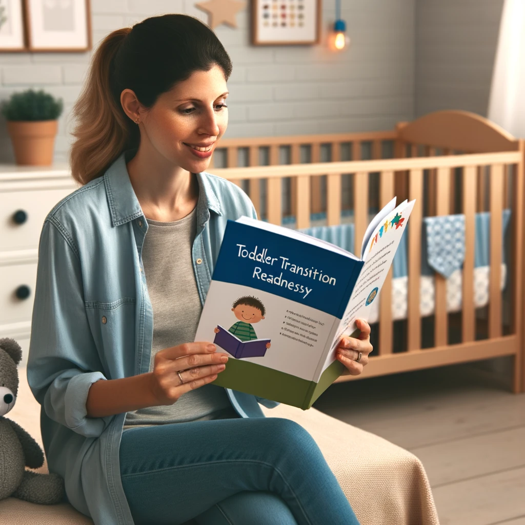 Mother engrossed in a book about toddler transition readiness with a crib setting the backdrop