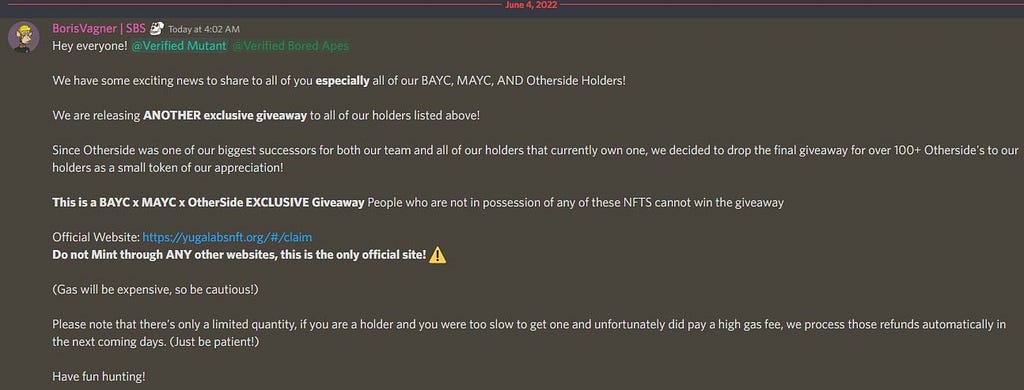 Announcement made by the attacker on the Otherside Discord Server