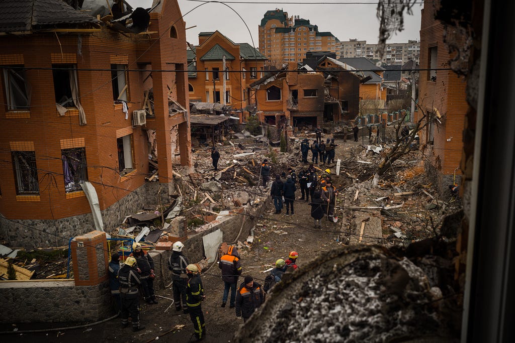 Damaged buildings in a residential area of Bila Tserkva on March 5, 2022. (Wojciech Grzedzinski/for The Washington Post)