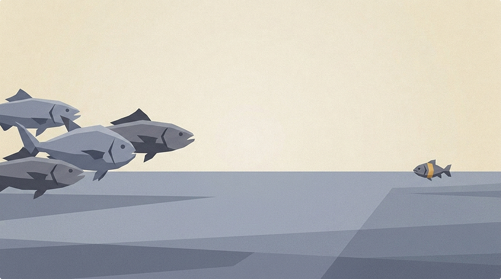 A shoal of large fish on one side of open water and, far off on the other, a single small fish dwarfed by them.