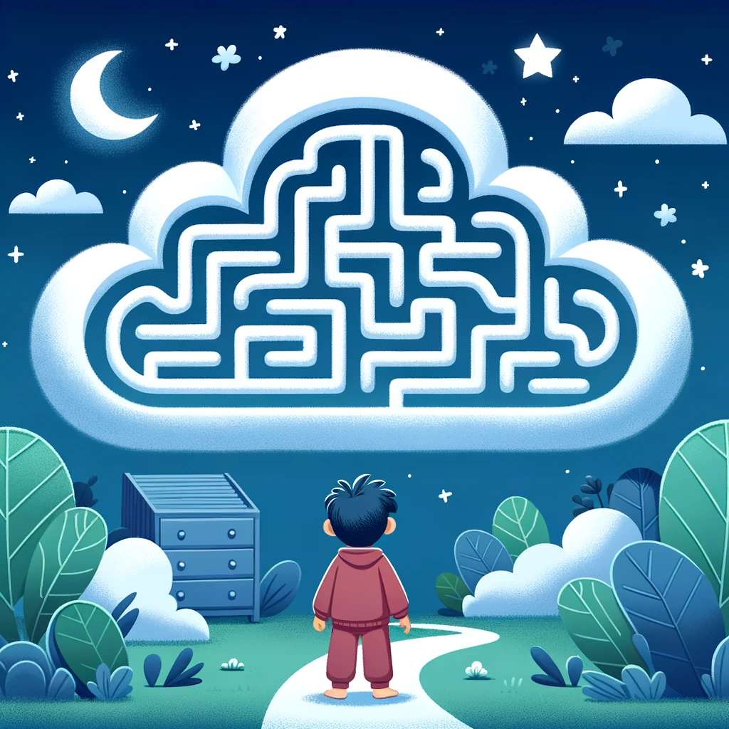 Child at the entrance of a cloud-shaped maze, representing the journey of understanding and mastering sleep