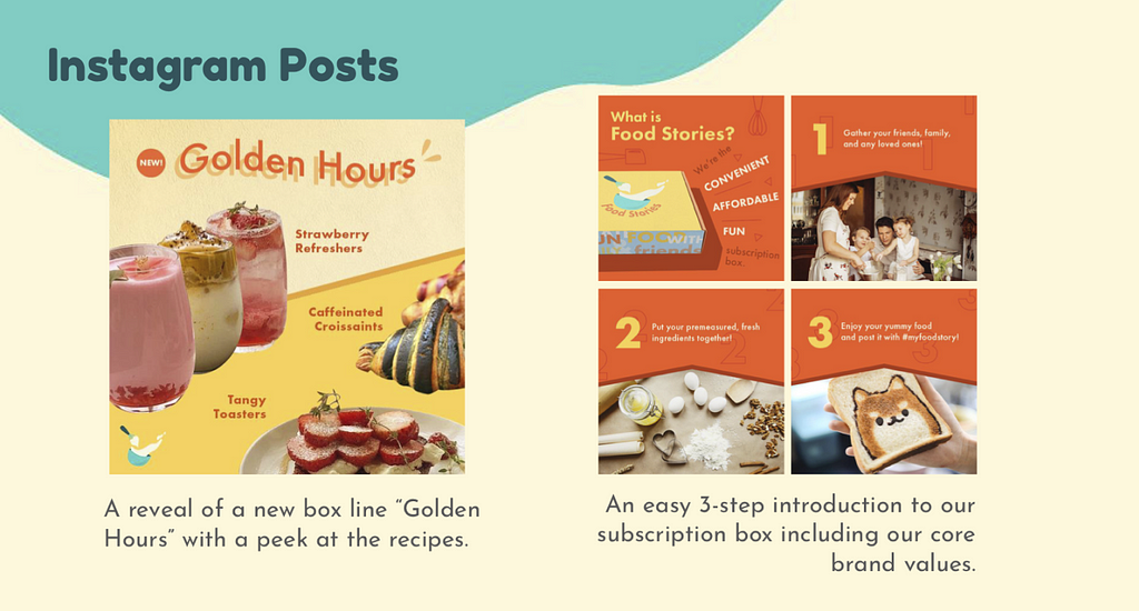 Example Instagram graphics, one showcasing drinks for Golden Hours and the other explaining what Food Stories is.